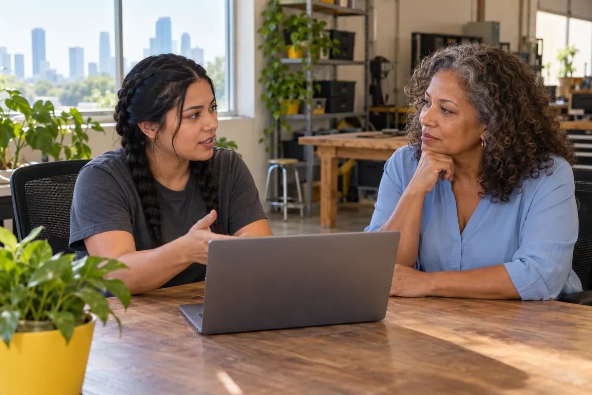 Two people talking through a website plan at a laptop